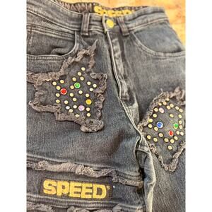 Jeans embellished distressed Patched rhinestone frayed bleached SPEED
